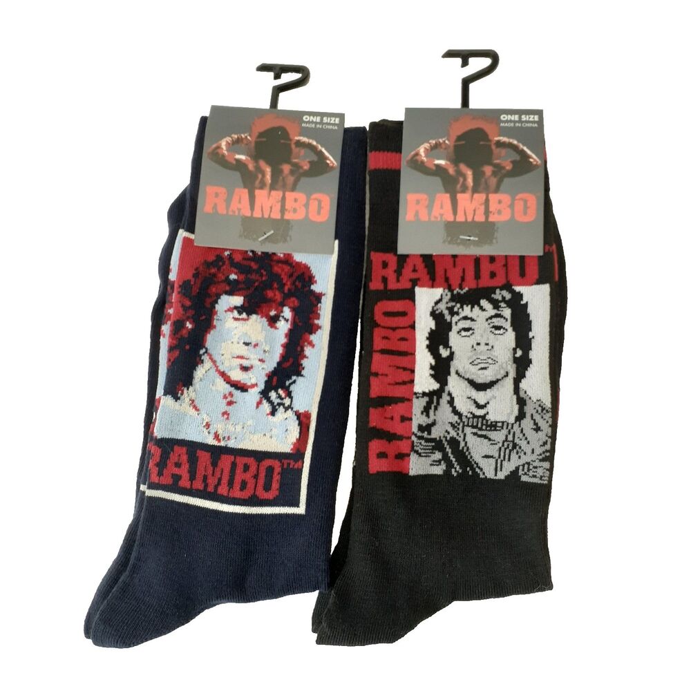 Rambo Movie Mens Novelty Black Red Crew Socks 2 Pair Size 6-12 NWT 80s Retro